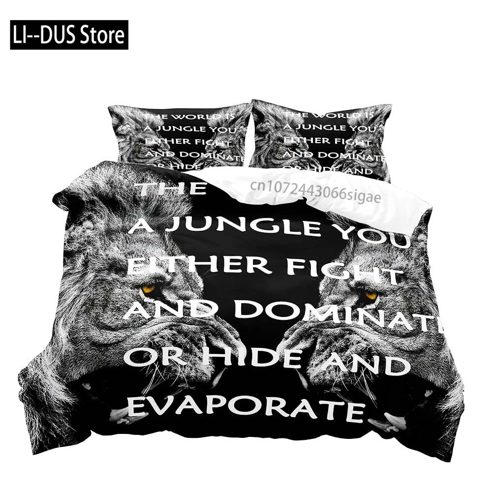 3PCS Lion King & Queen Bedding Set African Safari Animal Black Bedding Comforter Cover Bedroom Decor for Couples Full Size