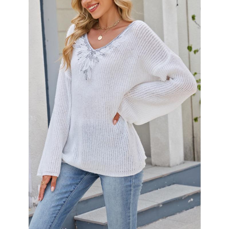 Autumn Winter Loose Casual Sequins Patchwork Fashion Sweater Women V-neck Bottomed Knitting Pullover Top