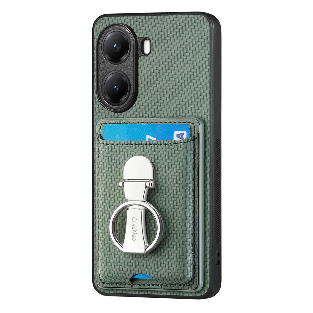 For Xiaomi Poco X7 Pro 5G/Xiaomi Redmi Turbo 4 5G Bakdeksel i skinn med støtte og kortlommer Karbonfibermønster