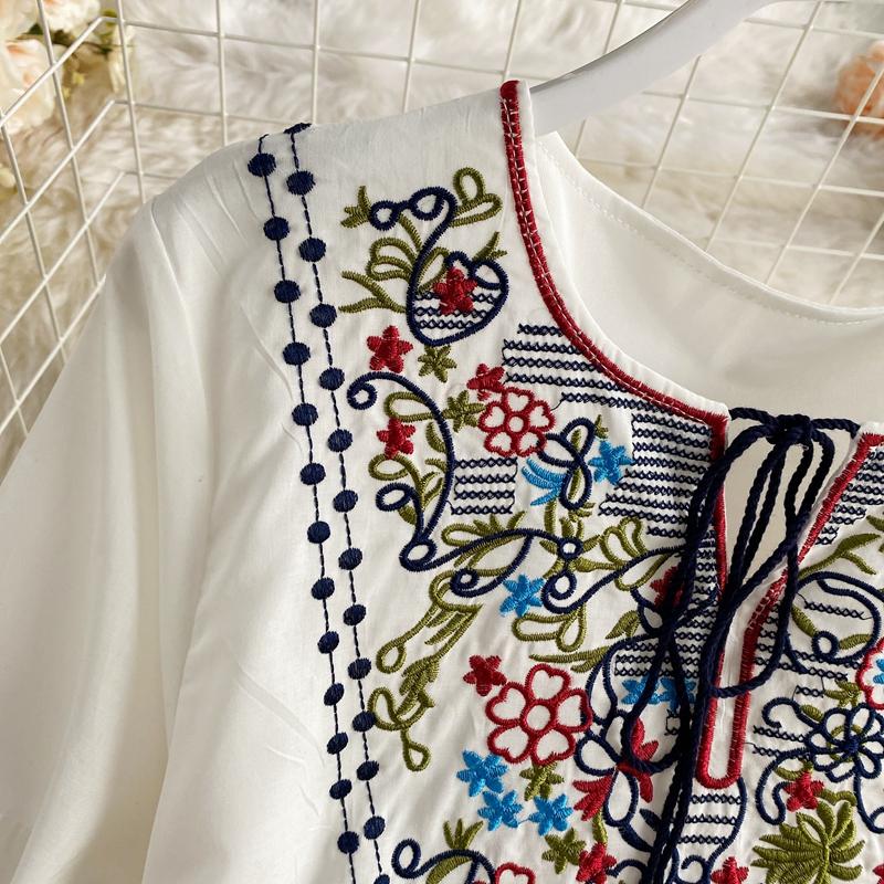 RUGOD Vestido largo con cordones y borlas con cuello en V y bordado étnico Retro para viajes y vacaciones vestido largo de temperamento de moda de manga larga