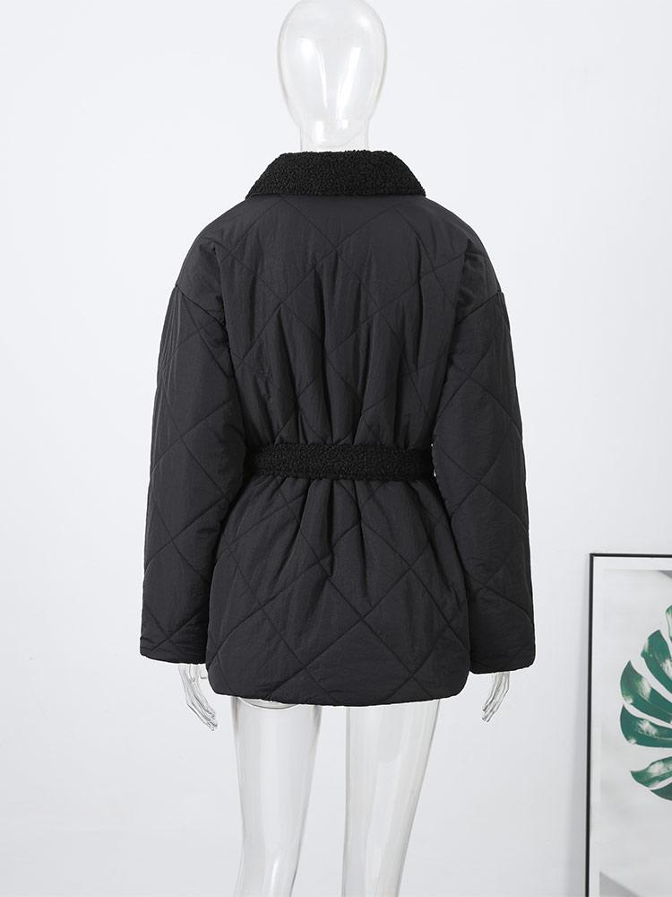 Women's Collar Tied Waistband Jacquard Thick Jacket Top