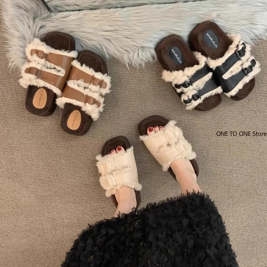 Fashion Fashion Fluffy Women Plush Fur House Slippers Sandals Non-Slip Indoor Boots Female For Home Use Luxury Thick Flats Outdoor Shoes