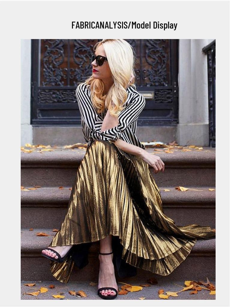 European Silk Metallic Pleated A-Line Skirt - Mid-Length Women's Drape Design
