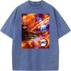 Demon Slayer Tanjirou Akaza Printed Tshirt Men Washed Cotton T-shirts Oversized Streetwear Manga Vintage Tee Harajuku Male Tops