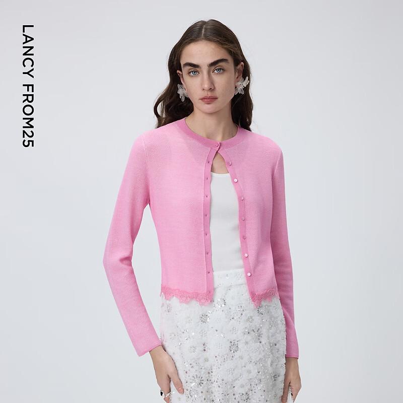 Lanzhi Women's Elegant Round Neck Lace Trim Knit Cardigan