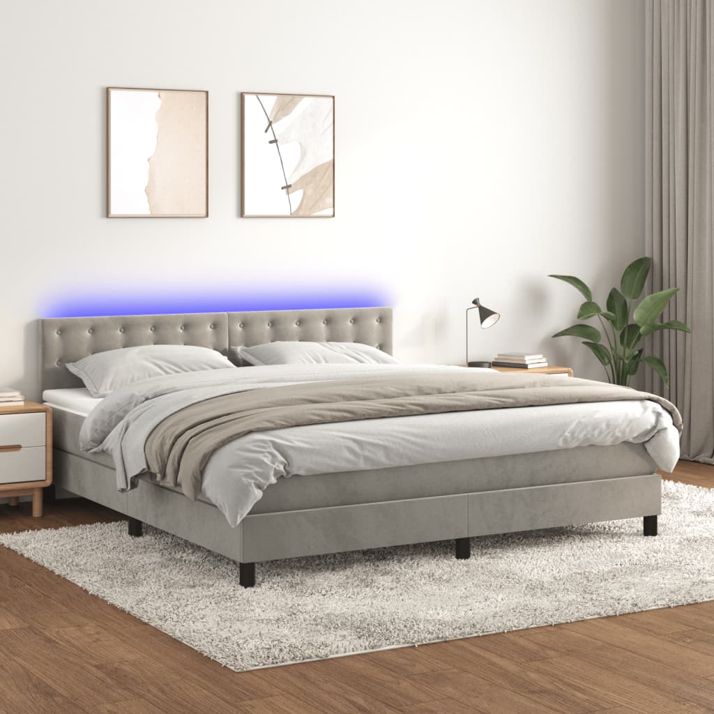 Box Spring Bed with Mattress & LED Light Grey 160 x 200 cm Velvet