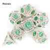 7-teiliges silbergrünes Metallwürfel-Set aus hohlen polyedrischen Metallwürfeln, geeignet für Rollenspiele, RPG-Brettspiele, Kartenspiele