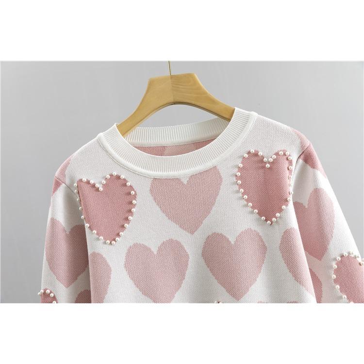 Vår og høst strikket dress for kvinner Kjærlighetsperler Temperament Mote Fresh College Style Strikkede toppbukser Todelt sett