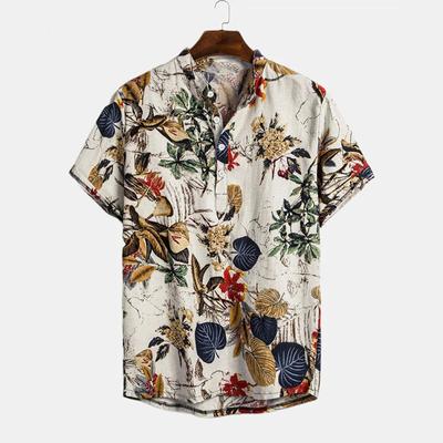 Sommer Neue Ethnische Stil Männer Casual Stehkragen Pflanze Blume Kurzarm Hemd Hemd