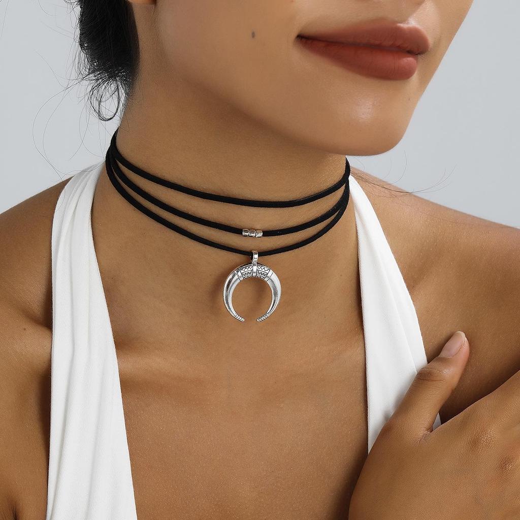 Vintage Crescent Moon Multi-layer Suede Choker Necklace