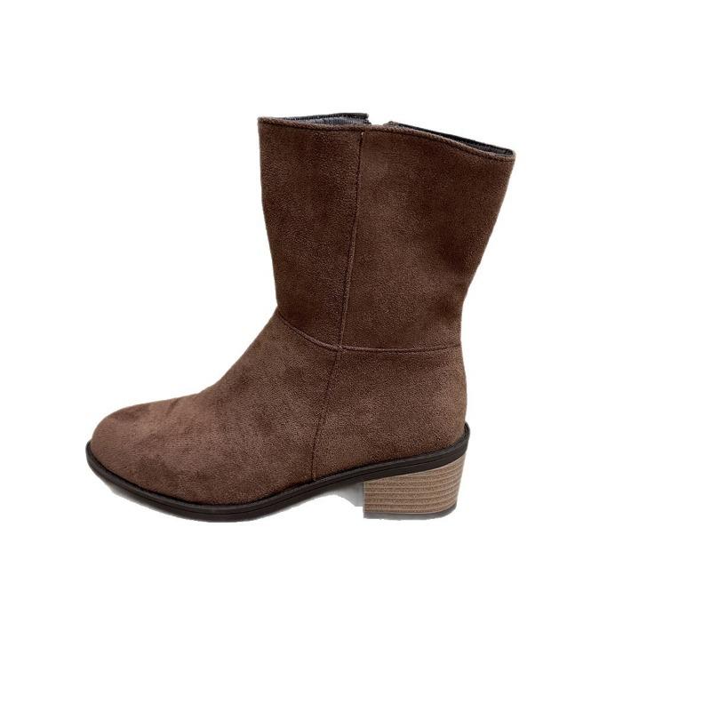 Side Zipper Coarse Heel Suede Martin Boots Women's Medium Heel Large Size Thin Short Naked Boots