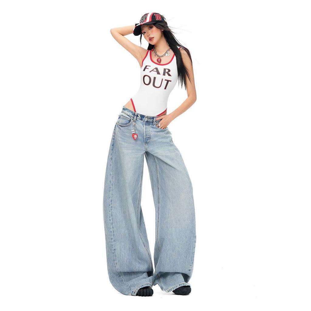 Pure Cotton Scythe Saber Cut Loose Wide Leg Casual Denim Pants For Women Spring Summer Casual Pants Oversize Denim Trousers