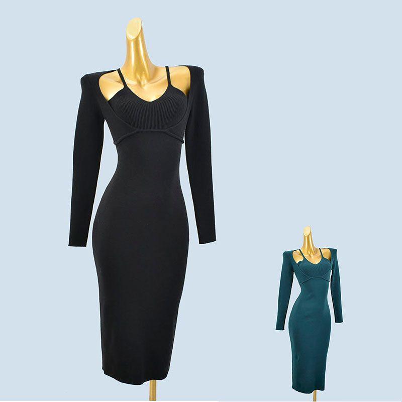 Elegant Socialite Fake Two-Piece Sexy Strapless Suspenders Long Sleeves Silm Soft Glutinous Knitting Sweater Hip Length Dress Women