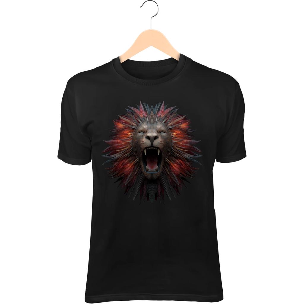 Skull Lion Warrior T-Shirt – Bone Armor, Fiery Red Mane, Roaring in Void