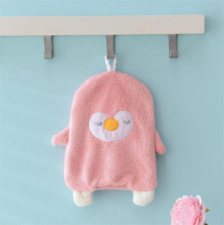 Hand Towel Kitchen Bathroom Draped Coral Velvet Cartoon Penguin Hand Towel Animal Thickening Absorbent