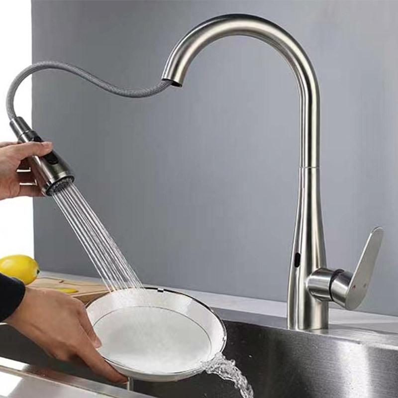 Никелевый Умный Бесконтактный Кухонный Смеситель из Нержавеющей Стали 304 с Выдвижной Лейкой, Умным Сенсором, Смесителем Горячей и Холодной Воды, Смеситель для Кухонной Раковины
