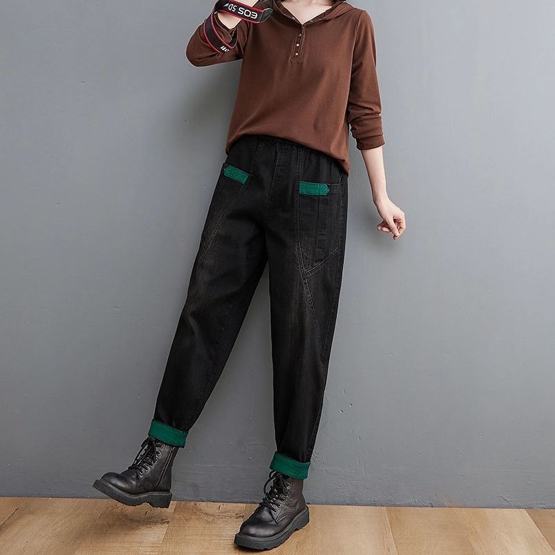 

Осенне-зимние утепленные и утолщенные женские джинсы, повседневные тонкие свободные брюки с талией, широкие брюки в этническом стиле 3XL