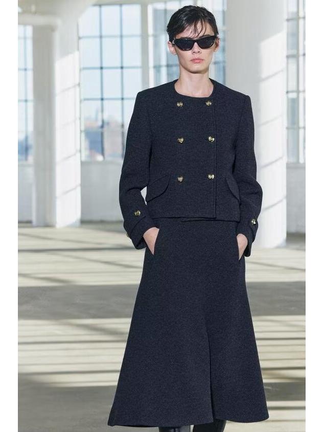 Evropský a americký styl dvouřadý krátký blejzr-pláštěnka ze směsi vlny s midi sukní