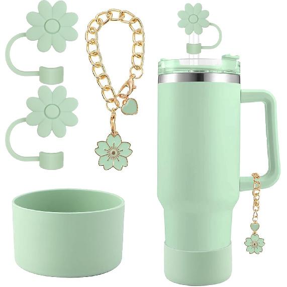 Accessories for Stanley Cup Set,2Pcs Flower Straw Cover Caps 10mm Reble Brown Straw Toppers,1Pcs Cute Handle Charm and 1Pcs Silicone Boot Sleeve for