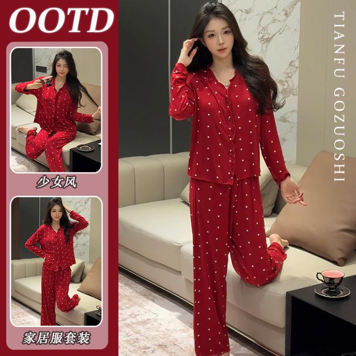 

Girl s love full print women s spring, autumn and winter long-sleeved trousers short fluff warm suit M