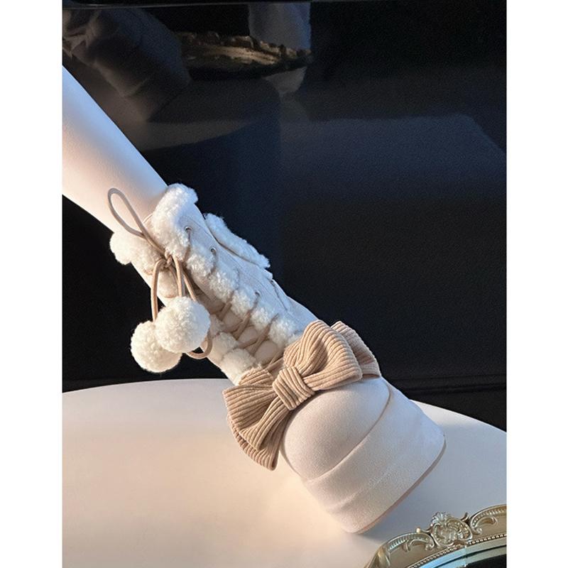 Lovely Girls Lolita Winter Mid Calf Snow Boots Cute Students Bowknots Lace Up Wedge Heel Plush Warm Shoes