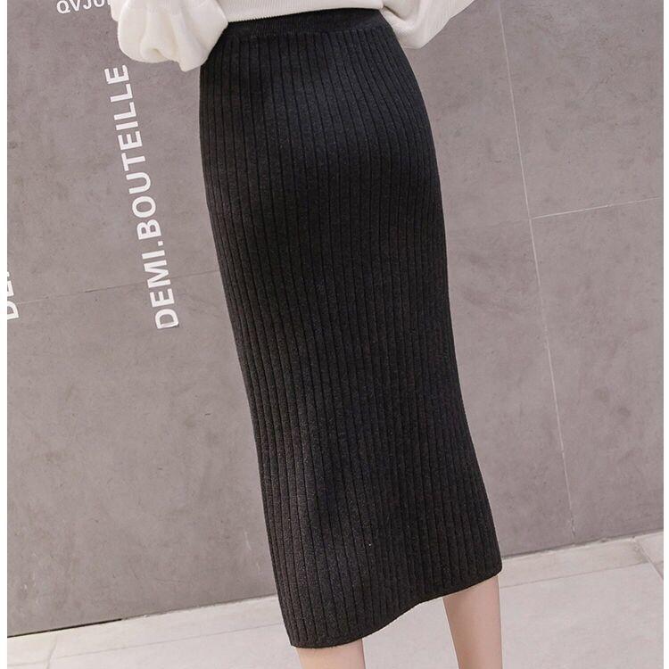 Women Knitted Skirt High Waist Front Slit Knee Length Pencil Skirt Spring Autumn Office Skirts Womens