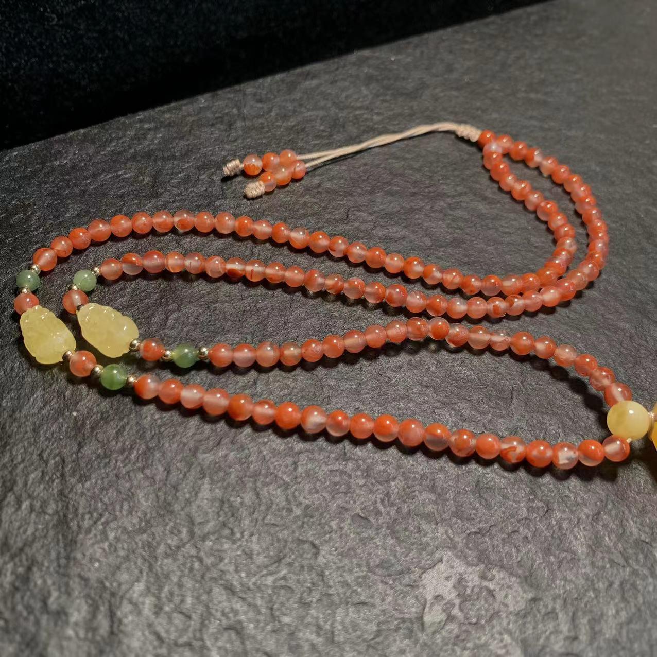 Pixiu Red Agate Necklace Pendant & Bracelet Set with Natural Beeswax & Millet Beads Sweater Chain Prayer Beads.
