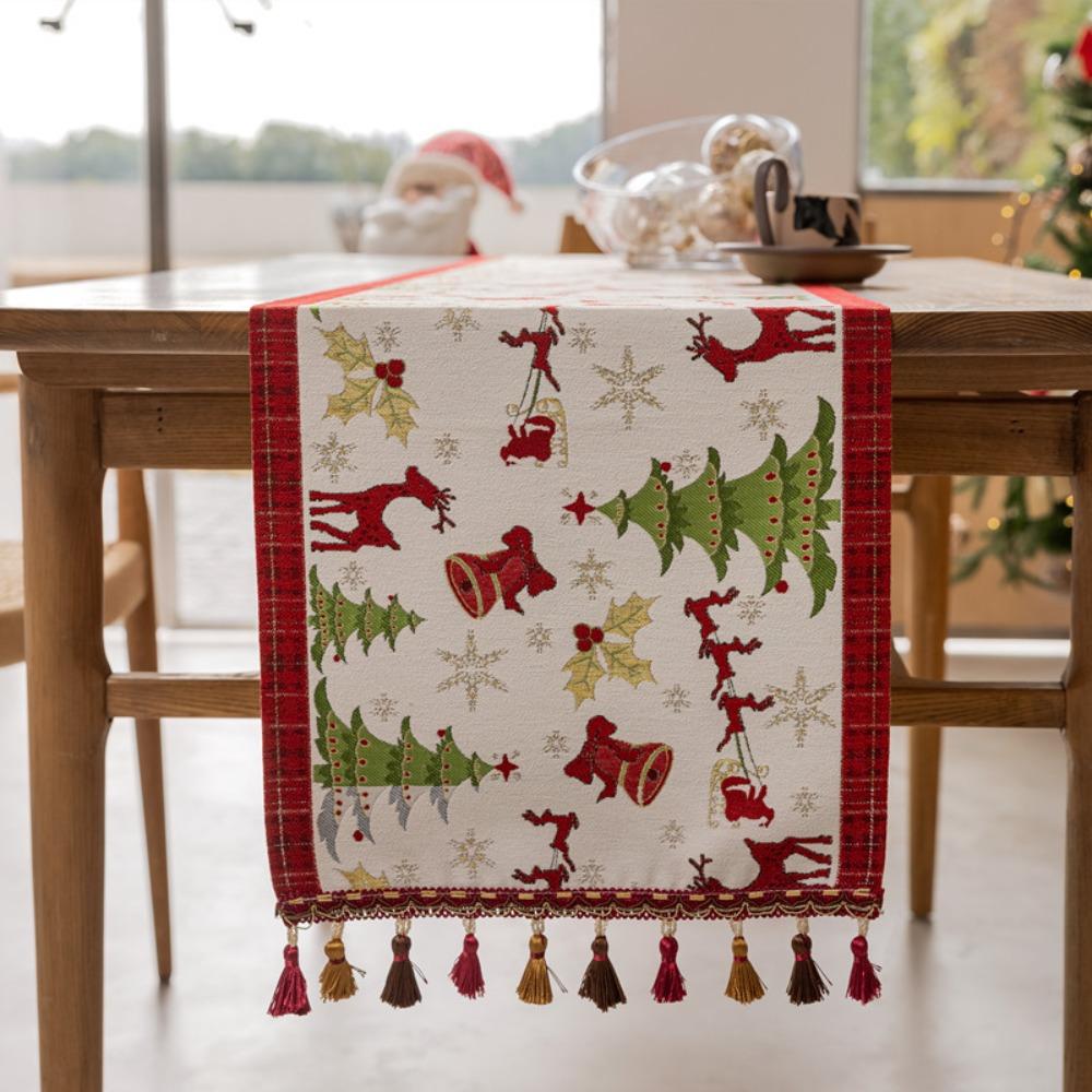 Christmas Snowman Jacquard Table Runner with Fringe Polyester Home Decor Tablecloth Bedspread