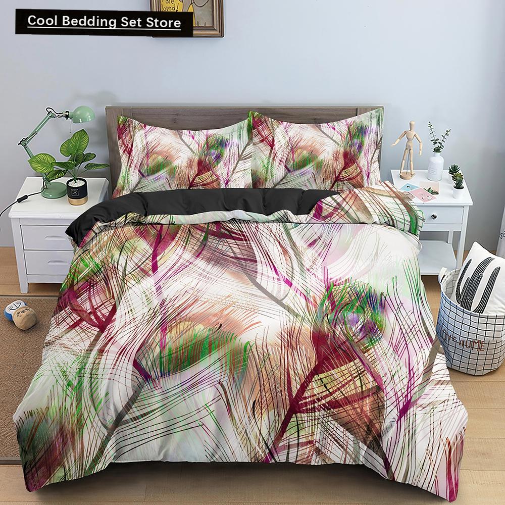 Feathers Duvet Cover Queen/King Size Boho Colorful Bird Feather Bedding Set Tropical Leaves 2/3pcs Polyester Comforter Cover