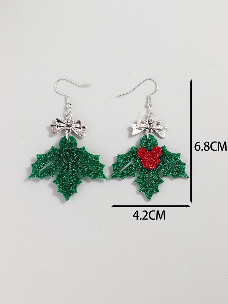 Glitter Green Leaf Acrylic Christmas Earrings for Women Creative Bow Leaves Long Dangle Earring Fashion Party Jewelry Gifts