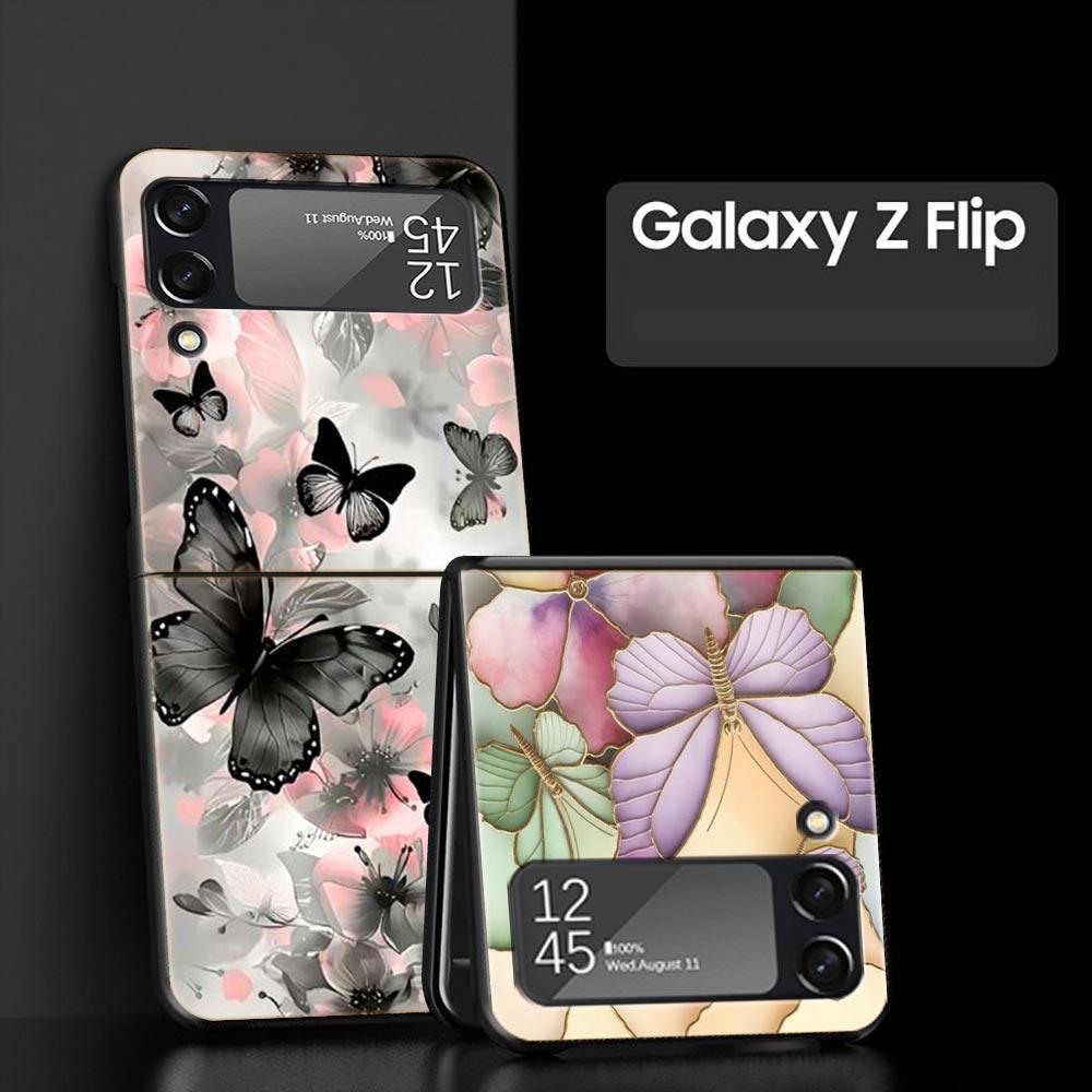 Fashionable Butterfly Flower Pattern Hard PC Phone Case For Samsung Galaxy Z Flip 7 6 5 4 Black Bag For Galaxy Z Flip 3 Foldable