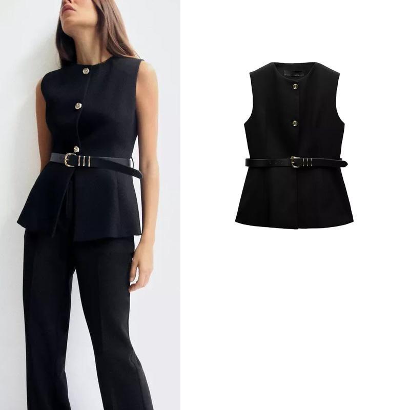 Fall and Winter New Women's Clothing Fashion Style Belt Minimalist Sleeveless O-neck Short Vest Jacket 9300525