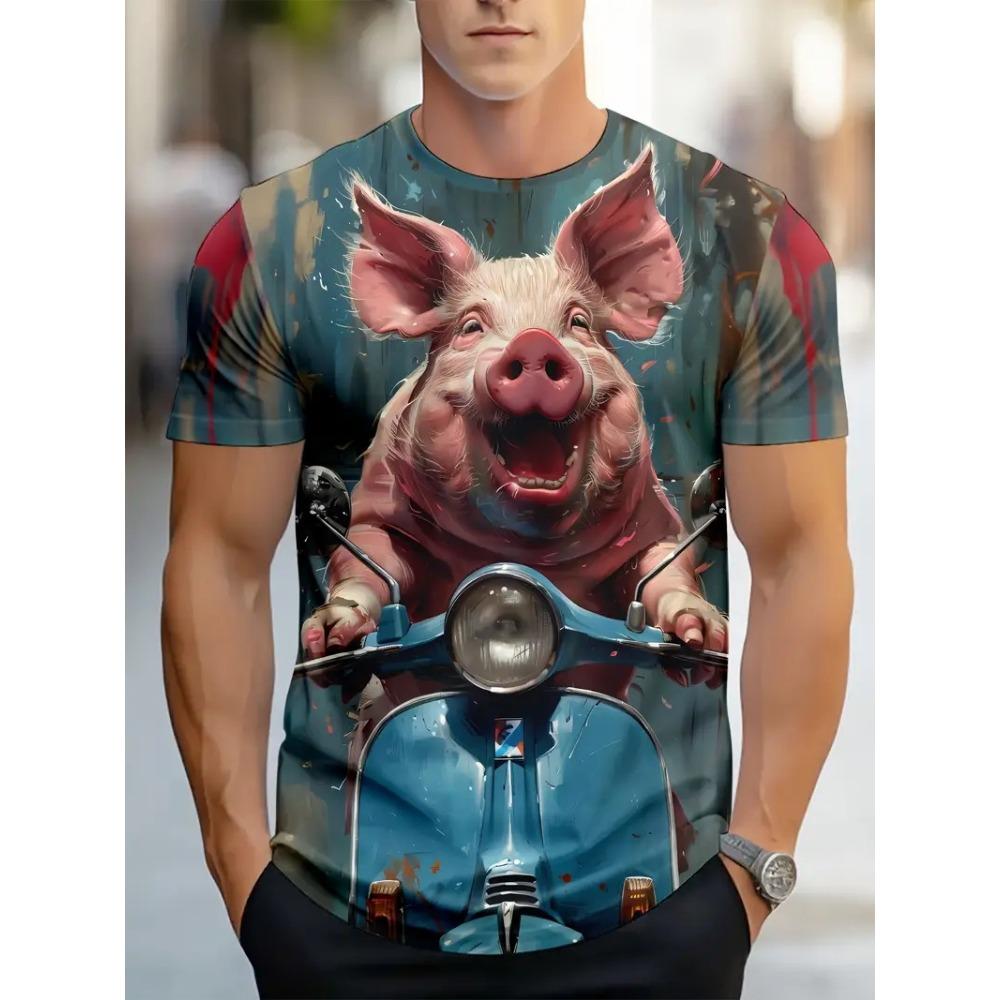 Full Print Men's Funny Pig Graphic T-Shirt Clothes Summer Short Sleeve Round Neck Casual T Shirts Top Men Novelty Animal Tshirts