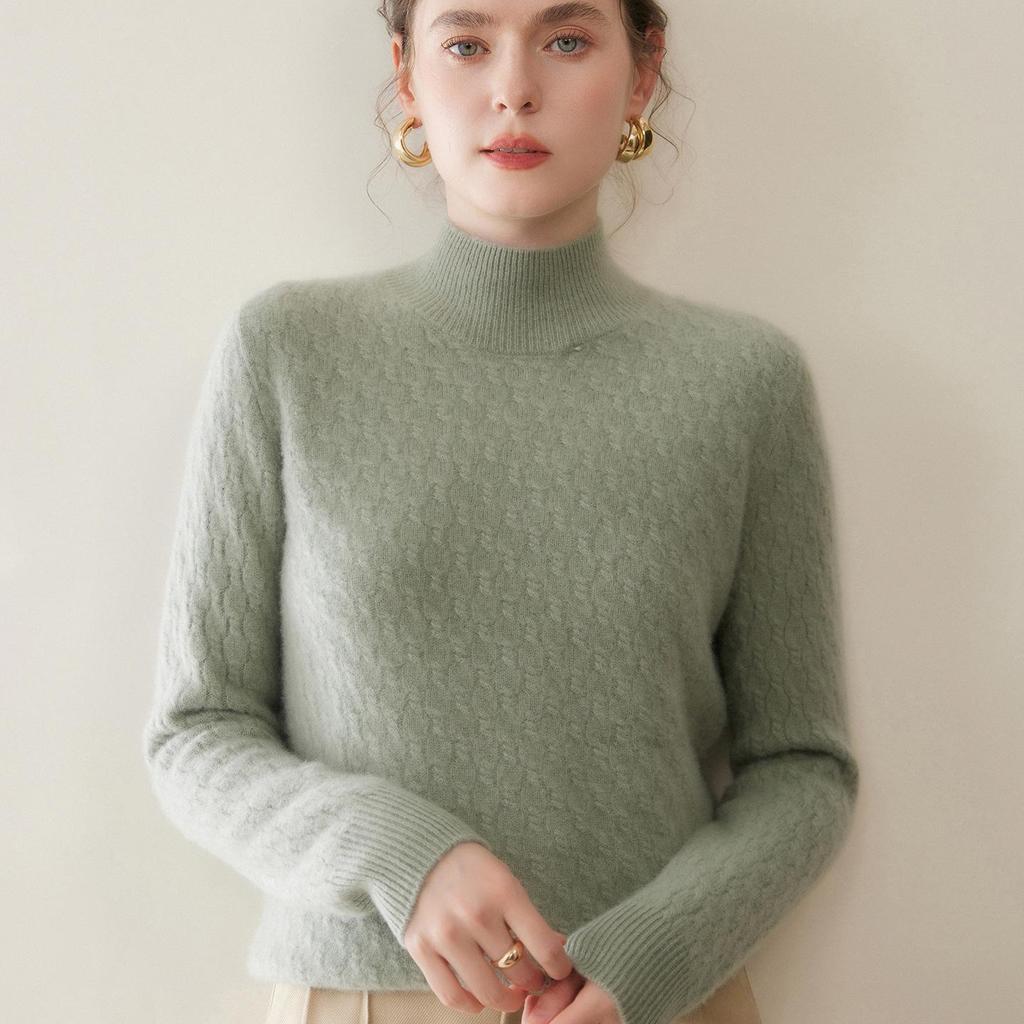 Women's Cashmere Cable Knit Sweater - Half-High Neck, Loose Fit, Versatile & Thickened for Autumn/Winter