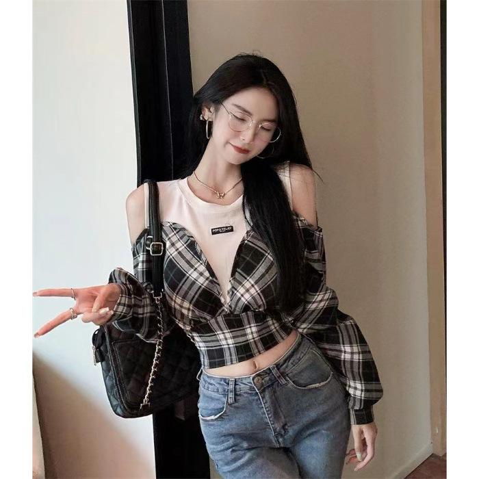 Spring and Autumn Stitching Crew Neck Fake Two Long Sleeve Plaid Shirt Women s Short Slim Girl Print Letter Top S белый