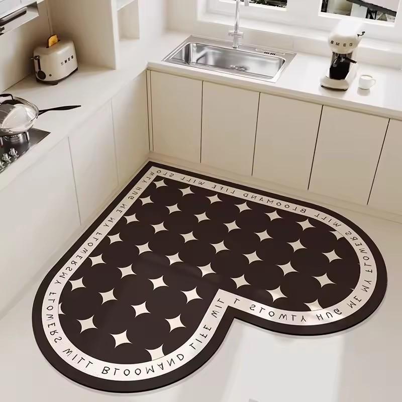 Kitchen Heart-shaped Carpet American Floral Pattern Water-absorbent Quick-drying Large Size Floor Mat Diatom Mud Non-slip Rug