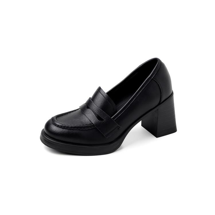 Heart melody~ Leather round head one-pedal loafers women's British style small leather shoes versatile thick high-heeled single shoes