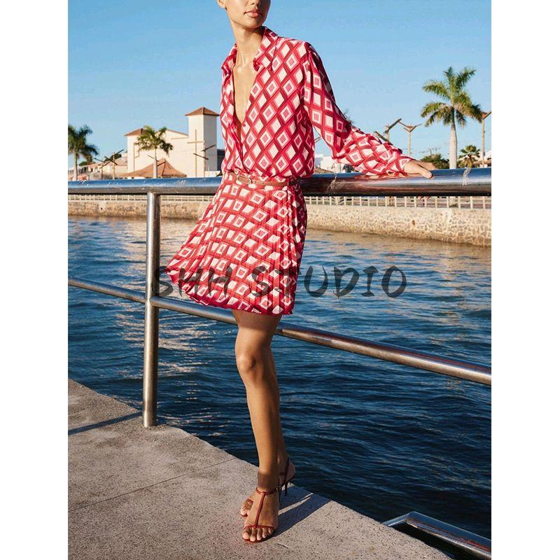 Geometric Pattern Print Long Sleeves Lapel Shirt 2298065 with Belt Print Mini Skirt 2298069