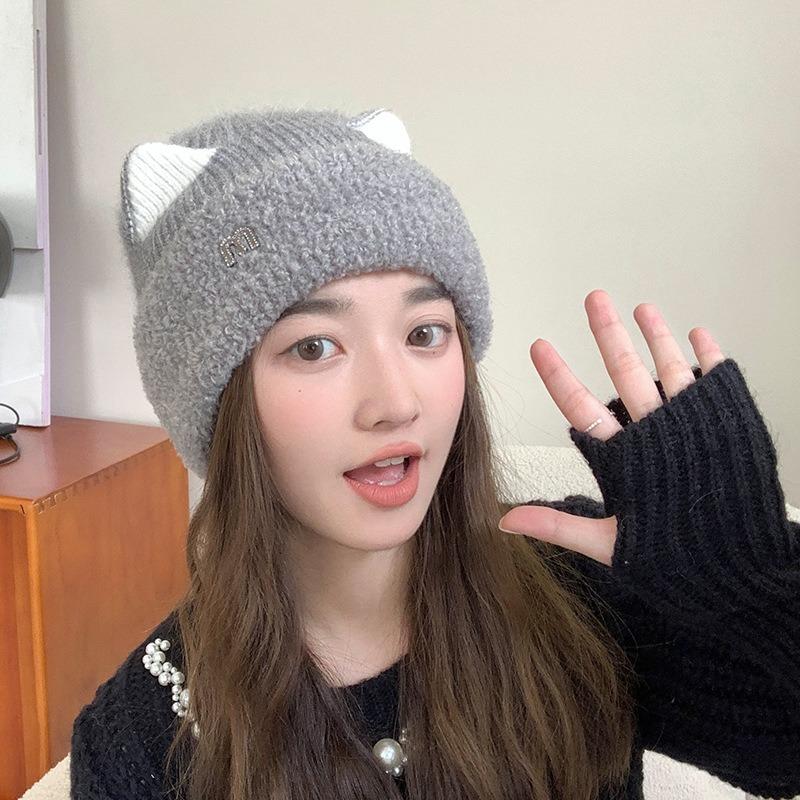 Winter Hat Women's M Standard Sweet and Cute Cat Ears Pullover Hat Versatile Velvet Knitted Hat Warm Ear Protector Cold Hat