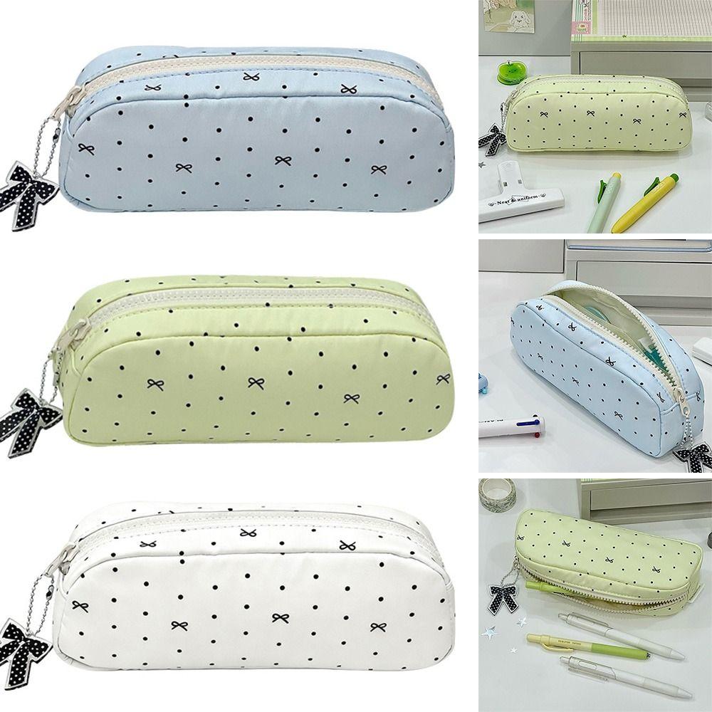 Velkokapacitní taška na pera s puntíky a mašlí, organizér na psací potřeby, INS penál pro studenty
