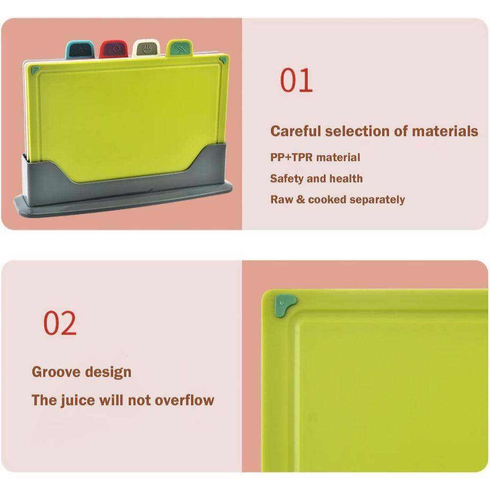 Küchen-Schneidebrett mit Aufbewahrungsständer, 4er-Set, Kunststoff-Schneidebretter für die Küche mit verschiedenen Lebensmittelarten, spülmaschinenfest, BPA-frei
