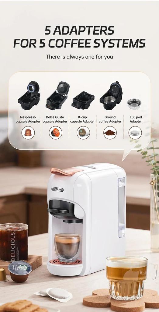 New Cafelffe 5 in 1 Multiple Capsule Coffee Machine Hot/Cold DG Cappuccino Nespresso Capsule ESE Pod Ground Coffee Cafeteria 19Bar,MK-606