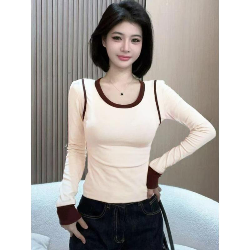 Ins Sexy Spice Crew Neck Matching Color Long-sleeved T-shirt Autumn New All-fit Slimming Pullover Base Shirt Top