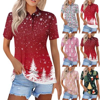 Women's Fashion Casual Lapel Short Sleeve Christmas Print Shirt Women's Button Up Tops