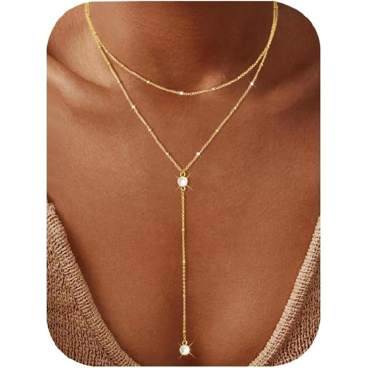 IF YOU Lariat Gold Lange Halsketten für Damen Trendig, Zarte 14K Vergoldete Tropfenkettenhalskette, Mehrlagige Rosenkranz-Perlen Y-Halsketten Schlichte Mode