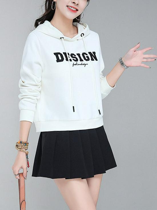 Women's Red Hooded Slimming Sweatshirt with Letter Embroidery - 2026 Autumn Collection, Long Sleeve Short Pullover
