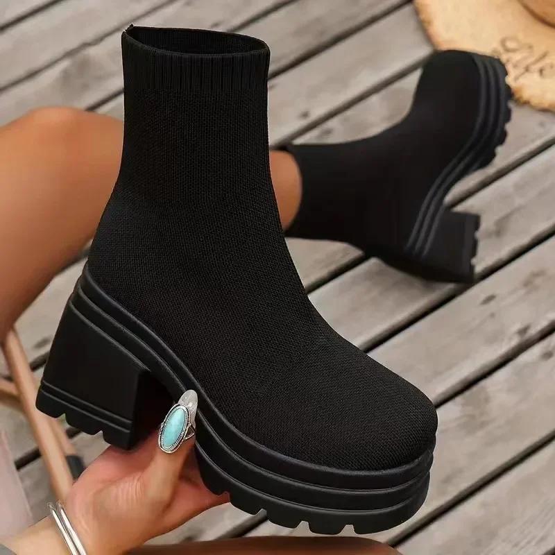 Fashion Women's Fall Casual Knit Platform Fashion Boots Elastic Sock Boots Fashionable High Heel Boots  Plus Size Boots Short Boots