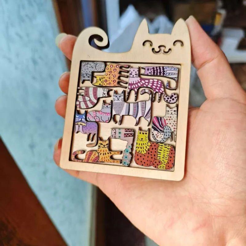 Colorful 13 Cute Cat Puzzle Wooden Irregular Panel Cartoon Animal Cat Tangram High Difficulty Puzzle Children's Toy Gift