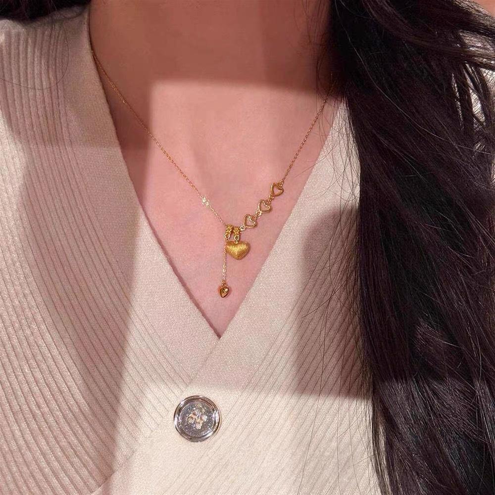 S925 "Infatuated with You" Retro Gold Brushed Heart Tassel Necklace - Light Luxury and Simple Design