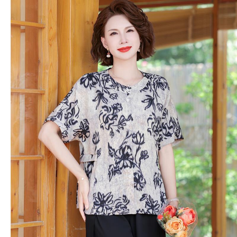 LANGSHA Mid-Aged Women's Floral Cotton Linen Short Sleeve Top